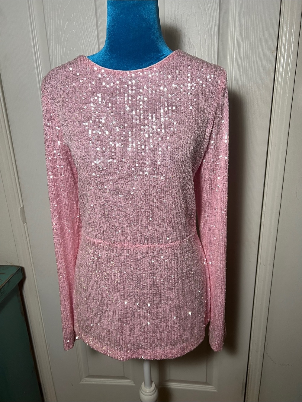 ANNA SUI Baby Pink Sequin Back Tie Long Sleeve Tunic Women’s Large